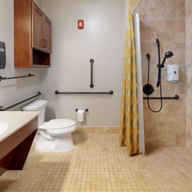 a bathroom with a shower and toilet